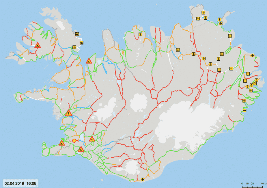 carte de l'état des routes en temps réel en Islande